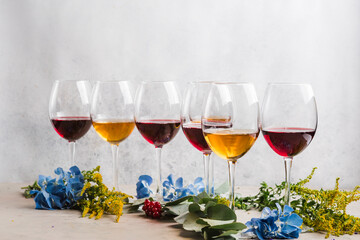 glasses with white and red wine