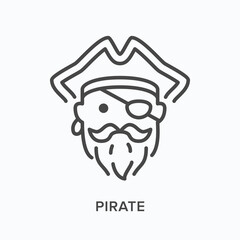 Pirate head flat line icon. Vector outline illustration of ship captain in hat with eye patch, mustache and beard. Sailor thin linear pictogram