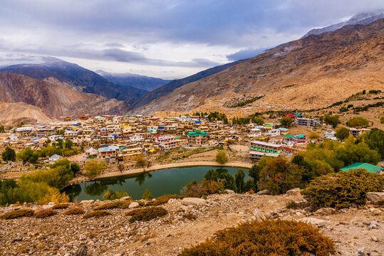 Nako Lake aerial view from Nako Village Top. Nako Lake is a high altitude lake located at 3662m from sea level in Kinnaur region of Himachal Pradesh, India