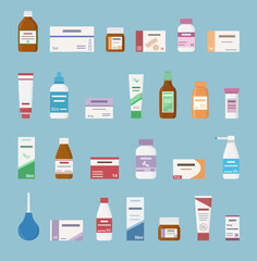 Set of  tablets, sprays and bottles for illness and pain treatment. Isolated on blue background. Concept of pharmaceutics and medication.  Vector illustration.
