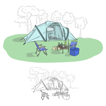 camping tent scene with chairs and table clip art preview