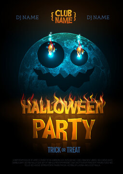 Halloween disco party poster with burning letters and full moon. Halloween background