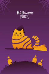 Bright flat illustration of a cat on a flying broomstick. Halloween card. Magic cat in a hat. Happy Halloween!