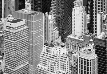 Black and white aerial view of New York diverse architecture, USA.
