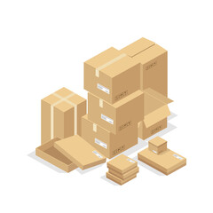 Fototapeta premium Cardboard boxes or packaging paper and shipping box. carton parcels and delivery packages pile, flat warehouse goods and cargo transportation. vector design illustration.