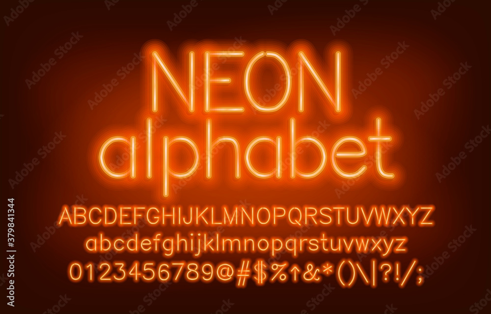 Fototapete neon alphabet font. yellow neon light uppercase and lowercase letters and numbers. blurred backgroun