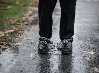 Ankles are bound with locks and chains