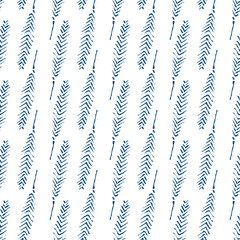 Mono print style narrow leaves seamless vector pattern background. Blue white backdrop of parallel rows of lino cut effect painterly leaf foliage. Hand crafted concept. Vertical geometric repeat
