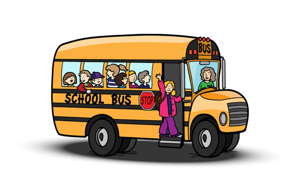 School bus with children on a white background