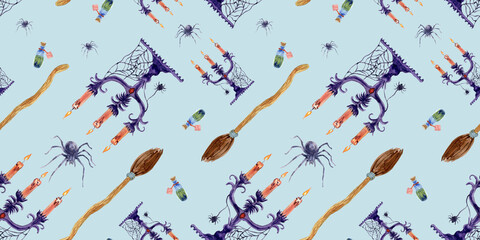 Pattern with candlesticks and spiders, bro for halloween. Candlestick with three burning candles, a spider and a cobweb on blue background. watercolor illustration.