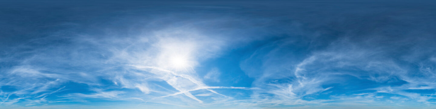 Seamless panorama with blue sky 360-degree view and beautiful clouds for use in 3D graphics as sky domes or for post-processing of drone shots