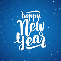 Vector Handwritten elegant modern brush lettering of Happy New Year on blue snowflakes background.