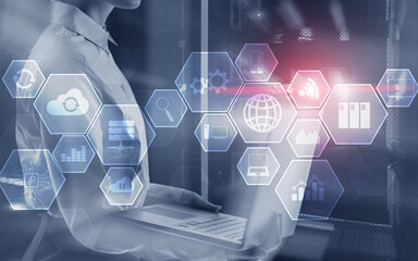Fototapeta premium Double Exposure Diagrams and icons on hologram screen. Business people and data center background.