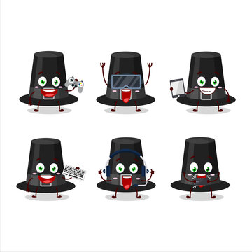 Black pilgrims hat cartoon character are playing games with various cute emoticons