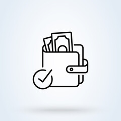 Wallet full of money and check mark sign line icon or logo. Wallet with dollars concept. Online payment vector linear illustration.