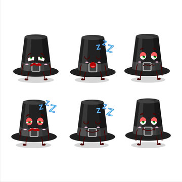 Cartoon character of black pilgrims hat with sleepy expression