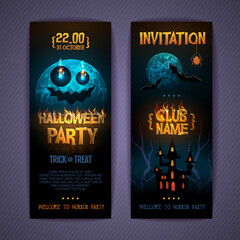 Halloween disco party poster with burning letters and full moon. Invitation design. Halloween background