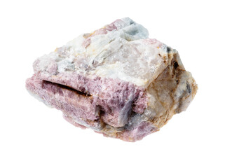 unpolished pink Tourmaline mineral in feldspar and quartz rock cutout on white background
