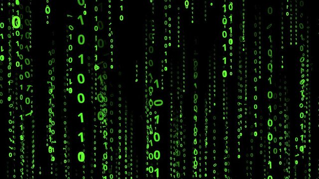 Green binary code streaming down and rotate. Row digital number matrix background. Concept of Technology, Hacker computer,  Algorithm, Programmer, Hud interface and Coding. Futuristic software.