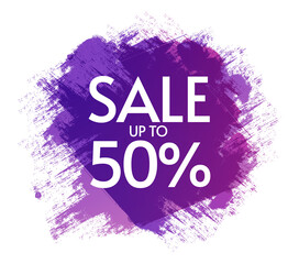 Promotion sale up to 50 percentage discount vector banner, advertisement announcement label sticker in paint grunge colorful style, special big off offer coupon idea, retail clearance mega deal