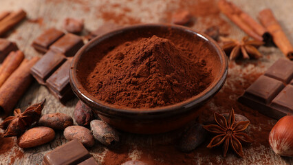 bowl of cocoa, beans and spices ingredients