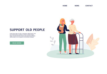Old people care and support web banner with characters, flat vector illustration.