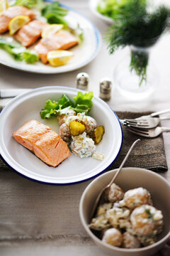 Roasted wild Scottish salmon fillet with dill pickle potato salad.
