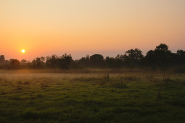 
Sun rising over a grassy field in the Weelsby Woods area of Grimsby, North East Lincolnshire, England, United Kingdom
