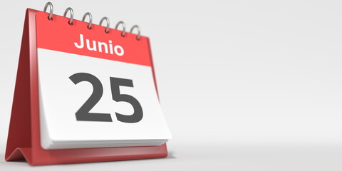 June 25 date written in Spanish on the flip calendar, 3d rendering