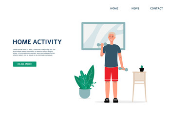 Home activity banner with man lifting weights. Cartoon boy with dumbbells