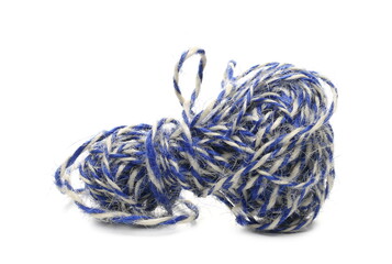 Blue rope yarn strings isolated on white background, texture