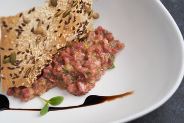 Fresh beef tartar  with whole grain chips