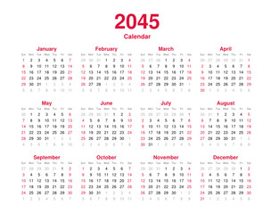 Calendar 2045 - 12 months yearly vector calendar - calendar planner template svg format