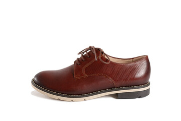 Brown leather women shoe isolated on white background side view. Fashionable women's accessories. Autumn casual Fashion Concept. Stylish autumn