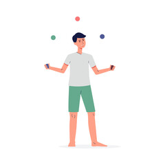 A young guy juggles colored balls vector isolated flat illustration.