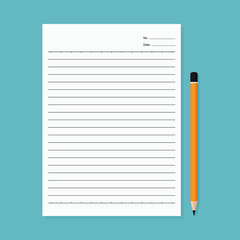  Paper sheet of notebook and pencil on blue background