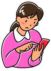 怒った表情でスマホを見る若い女性