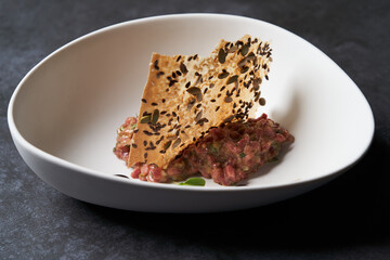 Fresh beef tartar  with whole grain chips