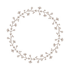 Frame of wreath with leaves and branches. Decor design with copyspace isolated on white. Sketched floral and herbs garland. Handdrawn vector style, nature illustration