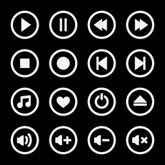 Media player icons set. Black button. Play, pause, next, before, stop, favorite, off, option, volume, etc.