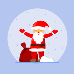 Cheerful and cute Santa Claus with a big bag of gifts and snow on a gentle blue background. Vector illustration for Christmas card, poster, banner, print, social media and invitation