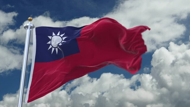 looping flag of Republic of China with flagpole waving in wind;timelapse rolling clouds background.A fully digital rendering.