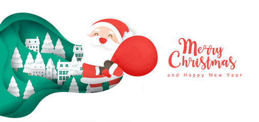 Christmas banner  with a cute Santa in the snow village in paper cut style.