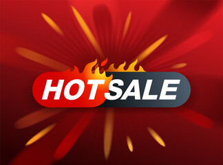 Hot Sale banner with burning text frame and blurry burst on red background - special offers promo flyer or poster element