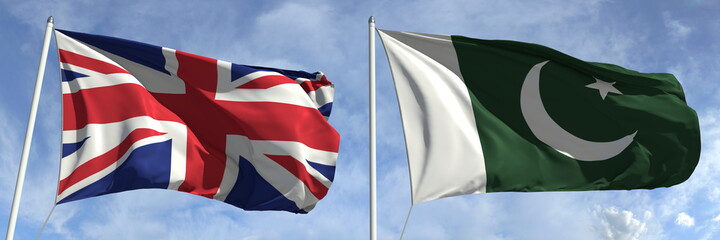 National flags of Great Britain and Pakistan, 3d rendering