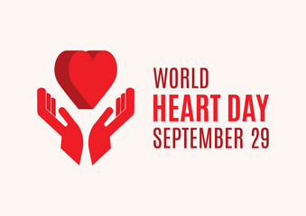 World Heart Day Poster with Hands with Heart vector. Two human hands with red heart shape icon. Caring hands holding a heart vector. Heart Day Poster, September 29. Important day
