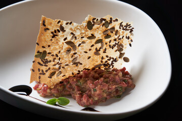 Fresh beef tartar  with whole grain chips