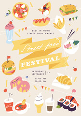 Vector illustration street food festival vertical poster or banner. Compostion with junk food or fast food.