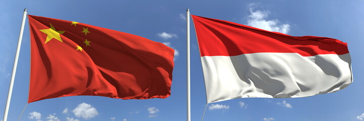 National flags of China and Indonesia, 3d rendering