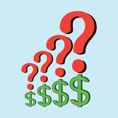 Dollar symbol with question mark, vector image illustration
